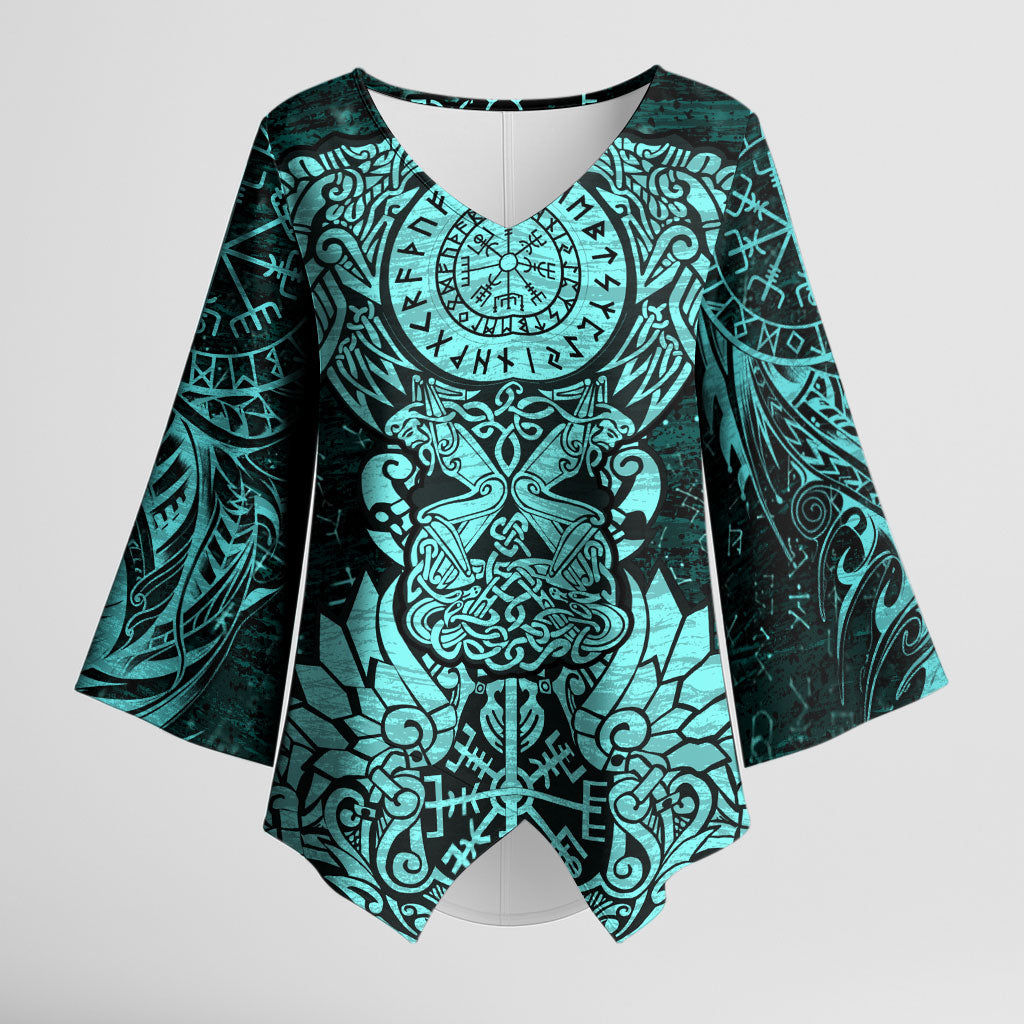 Valknut Ravens and Vegvisir Helm of Awe Kimono Sleeve Blouse Viking Nordic Celtic Knotwork Turquoise Runic Art
