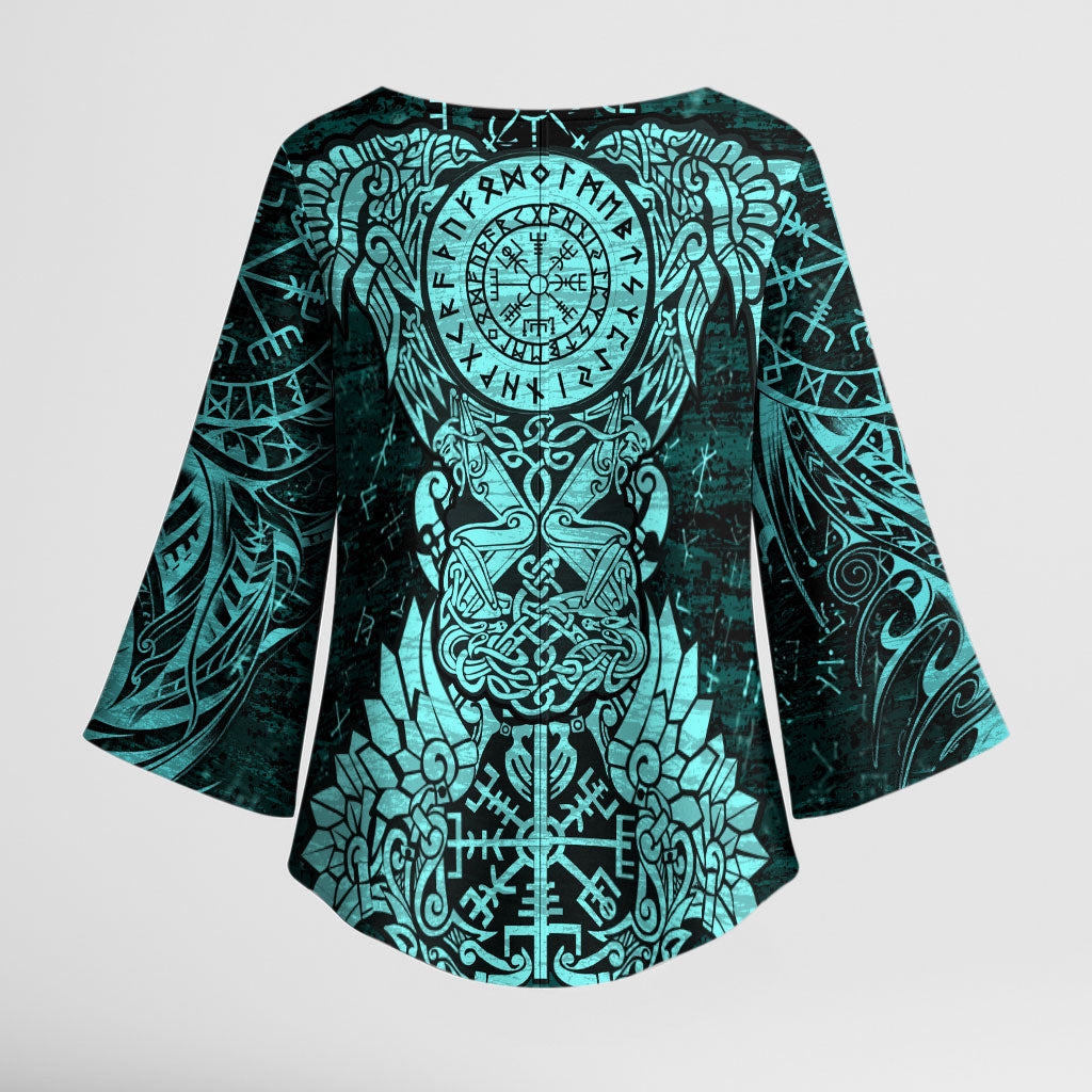Valknut Ravens and Vegvisir Helm of Awe Kimono Sleeve Blouse Viking Nordic Celtic Knotwork Turquoise Runic Art