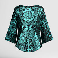 Valknut Ravens and Vegvisir Helm of Awe Kimono Sleeve Blouse Viking Nordic Celtic Knotwork Turquoise Runic Art