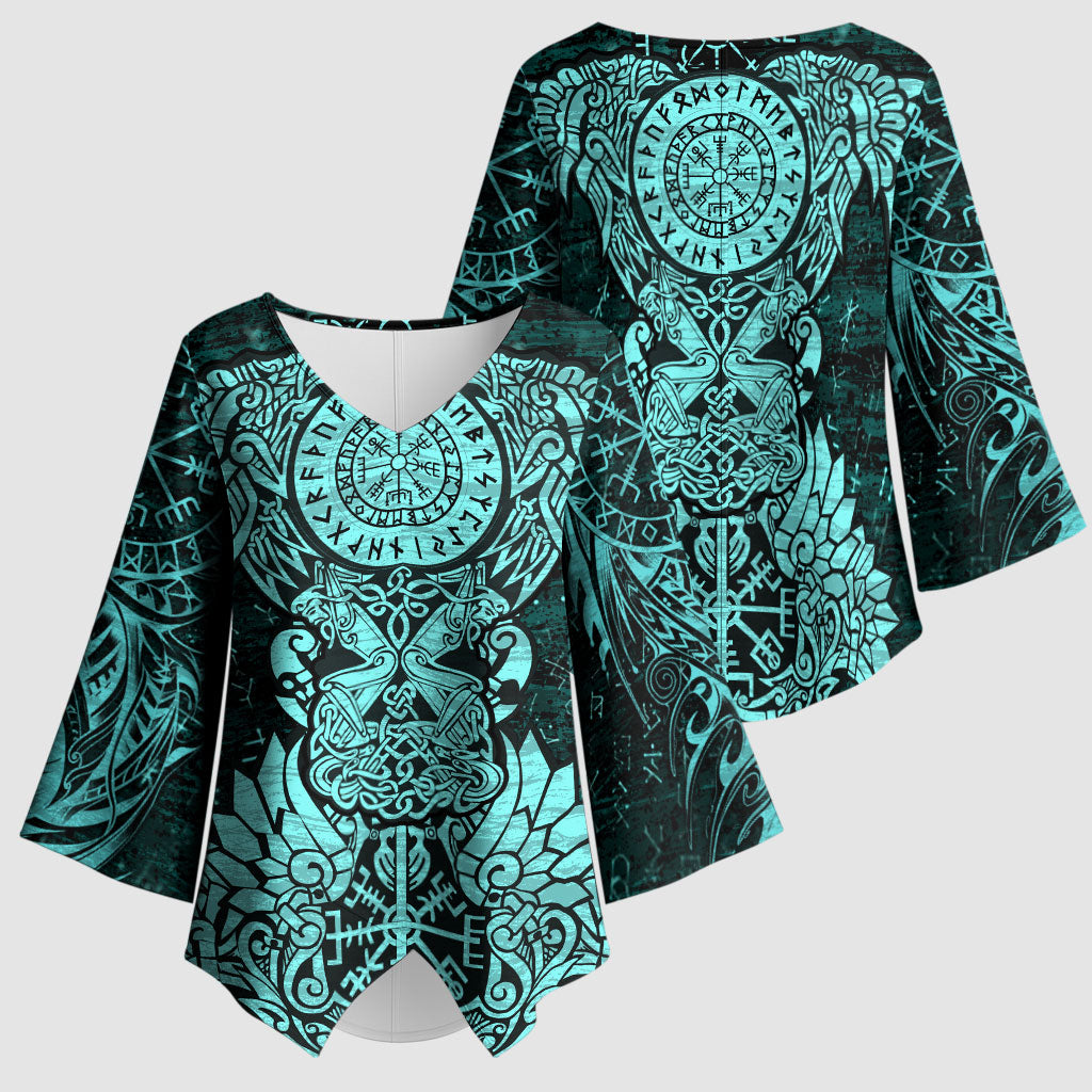 Valknut Ravens and Vegvisir Helm of Awe Kimono Sleeve Blouse Viking Nordic Celtic Knotwork Turquoise Runic Art