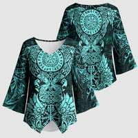 Valknut Ravens and Vegvisir Helm of Awe Kimono Sleeve Blouse Viking Nordic Celtic Knotwork Turquoise Runic Art