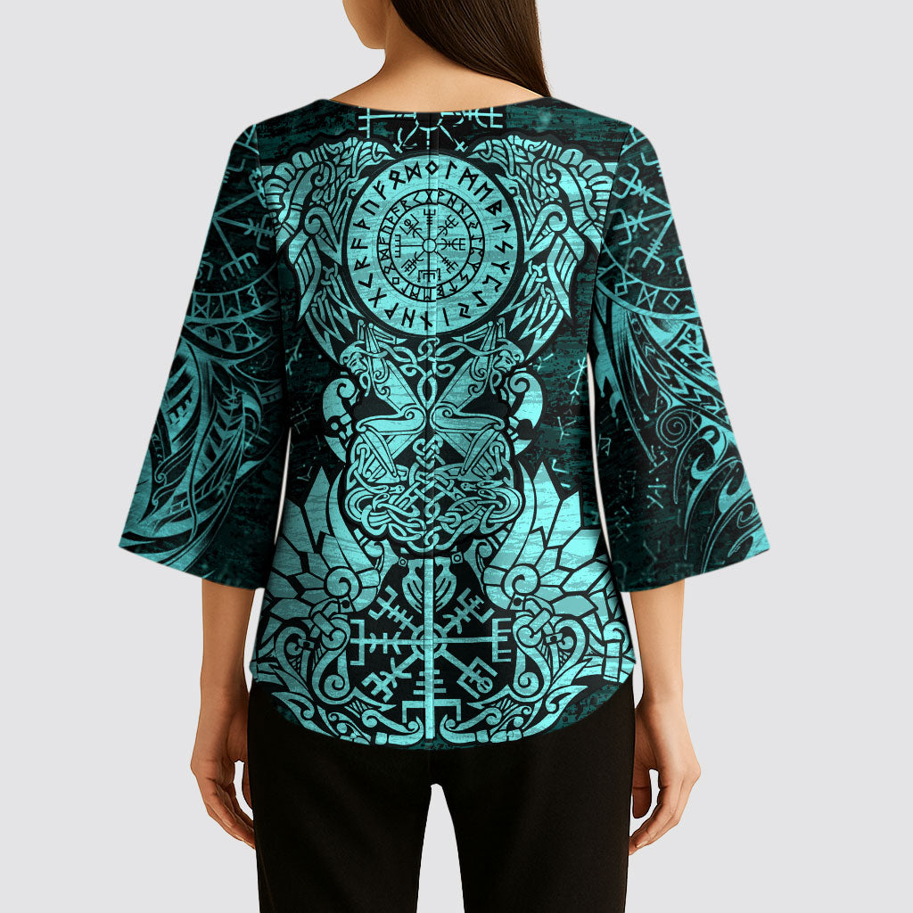 Valknut Ravens and Vegvisir Helm of Awe Kimono Sleeve Blouse Viking Nordic Celtic Knotwork Turquoise Runic Art
