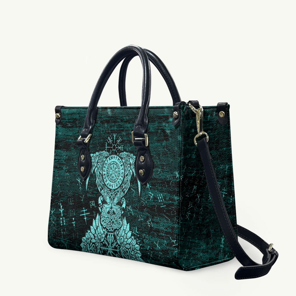 Valknut Ravens and Vegvisir Helm of Awe Leather Bag Viking Nordic Celtic Knotwork Turquoise Runic Art