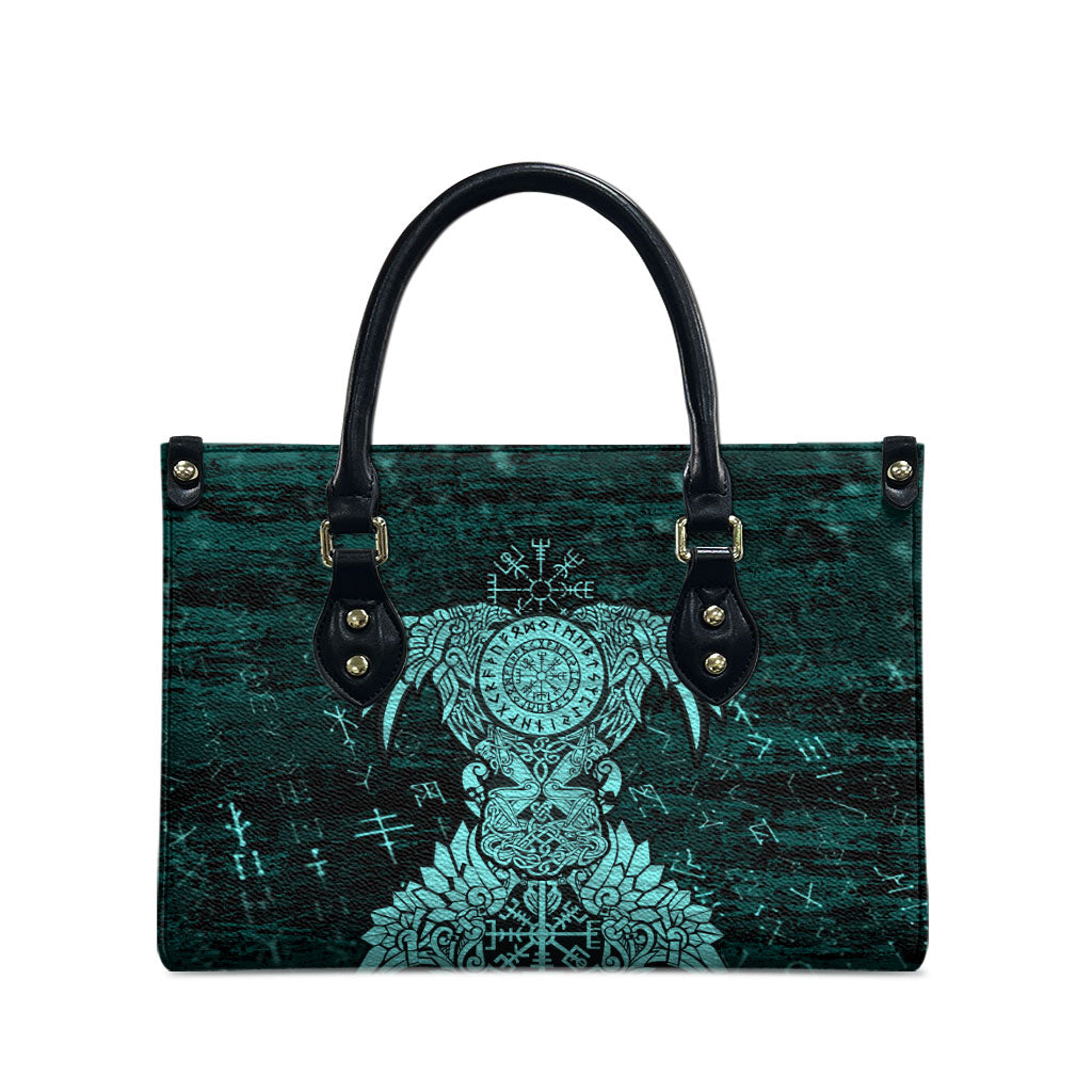Valknut Ravens and Vegvisir Helm of Awe Leather Bag Viking Nordic Celtic Knotwork Turquoise Runic Art