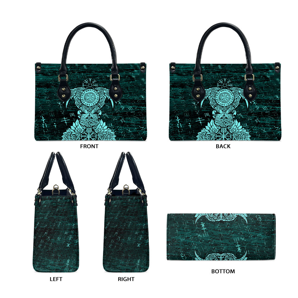 Valknut Ravens and Vegvisir Helm of Awe Leather Bag Viking Nordic Celtic Knotwork Turquoise Runic Art