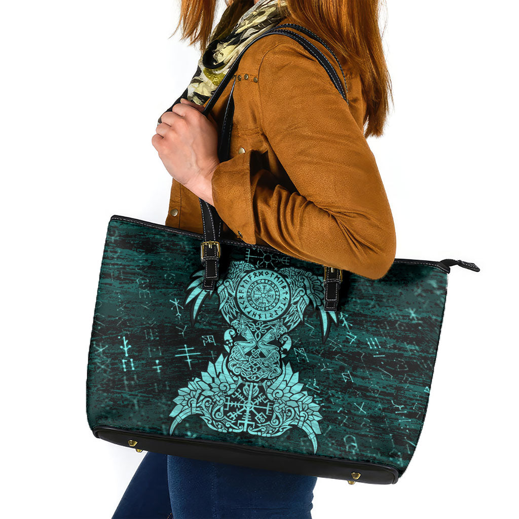 Valknut Ravens and Vegvisir Helm of Awe Leather Tote Bag Viking Nordic Celtic Knotwork Turquoise Runic Art