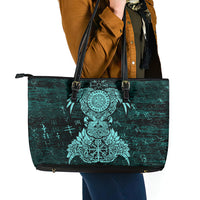 Valknut Ravens and Vegvisir Helm of Awe Leather Tote Bag Viking Nordic Celtic Knotwork Turquoise Runic Art
