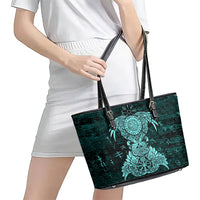 Valknut Ravens and Vegvisir Helm of Awe Leather Tote Bag Viking Nordic Celtic Knotwork Turquoise Runic Art