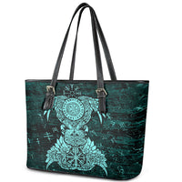 Valknut Ravens and Vegvisir Helm of Awe Leather Tote Bag Viking Nordic Celtic Knotwork Turquoise Runic Art