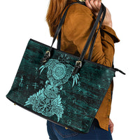Valknut Ravens and Vegvisir Helm of Awe Leather Tote Bag Viking Nordic Celtic Knotwork Turquoise Runic Art