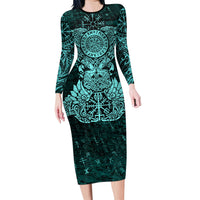Valknut Ravens and Vegvisir Helm of Awe Long Sleeve Bodycon Dress Viking Nordic Celtic Knotwork Turquoise Runic Art