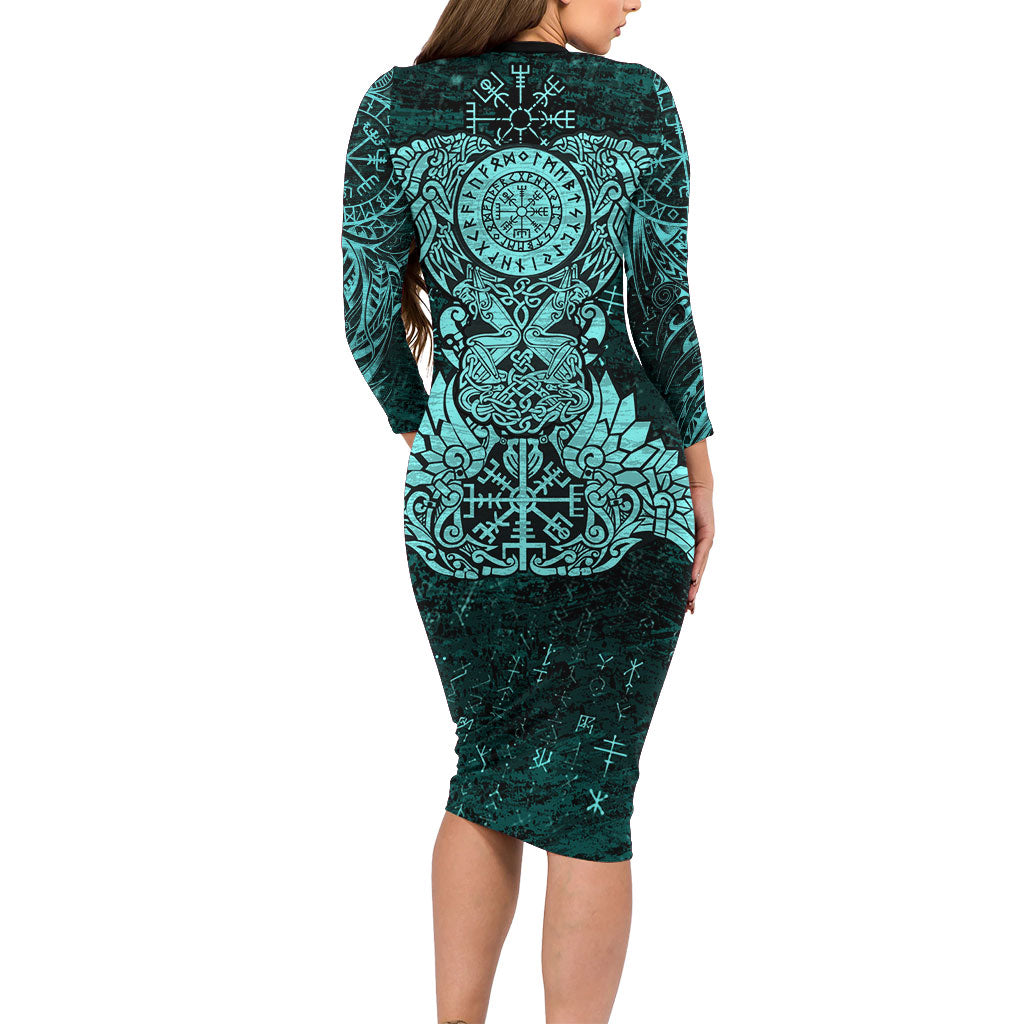 Valknut Ravens and Vegvisir Helm of Awe Long Sleeve Bodycon Dress Viking Nordic Celtic Knotwork Turquoise Runic Art