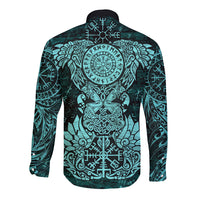 Valknut Ravens and Vegvisir Helm of Awe Long Sleeve Button Shirt Viking Nordic Celtic Knotwork Turquoise Runic Art
