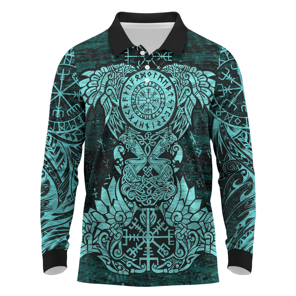 Valknut Ravens and Vegvisir Helm of Awe Long Sleeve Polo Shirt Viking Nordic Celtic Knotwork Turquoise Runic Art