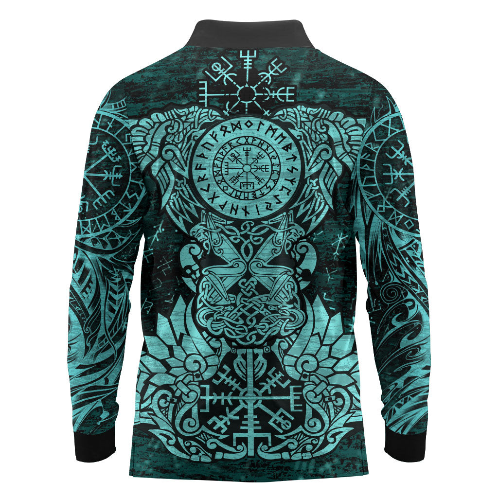 Valknut Ravens and Vegvisir Helm of Awe Long Sleeve Polo Shirt Viking Nordic Celtic Knotwork Turquoise Runic Art