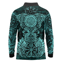Valknut Ravens and Vegvisir Helm of Awe Long Sleeve Polo Shirt Viking Nordic Celtic Knotwork Turquoise Runic Art