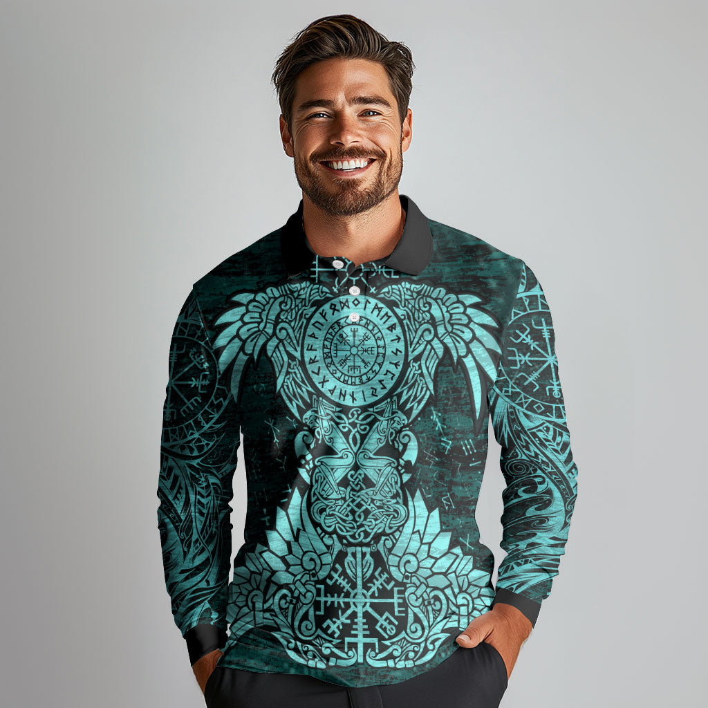 Valknut Ravens and Vegvisir Helm of Awe Long Sleeve Polo Shirt Viking Nordic Celtic Knotwork Turquoise Runic Art