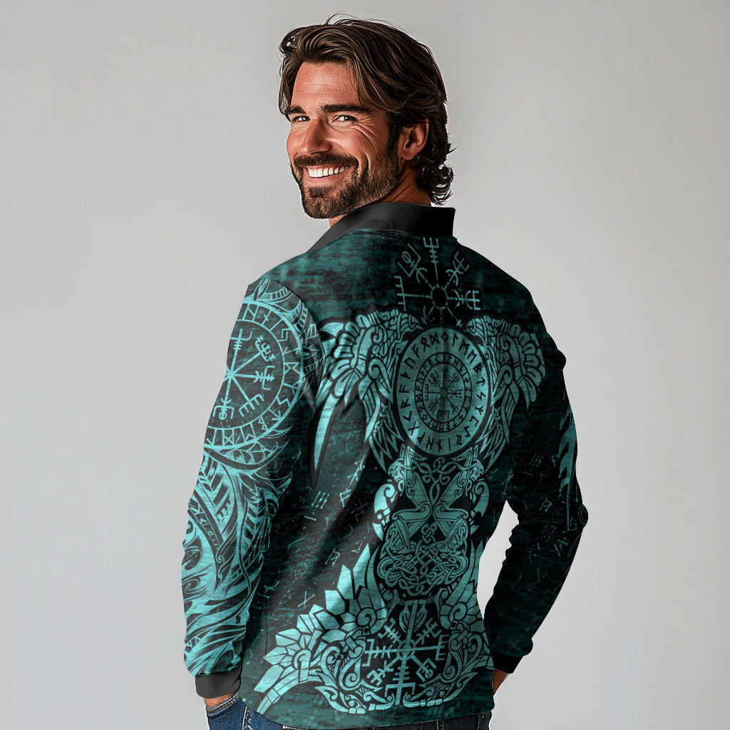Valknut Ravens and Vegvisir Helm of Awe Long Sleeve Polo Shirt Viking Nordic Celtic Knotwork Turquoise Runic Art