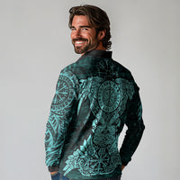 Valknut Ravens and Vegvisir Helm of Awe Long Sleeve Polo Shirt Viking Nordic Celtic Knotwork Turquoise Runic Art