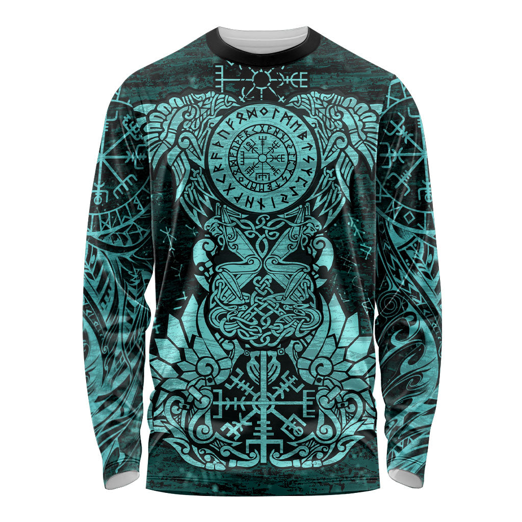 Valknut Ravens and Vegvisir Helm of Awe Long Sleeve Shirt Viking Nordic Celtic Knotwork Turquoise Runic Art