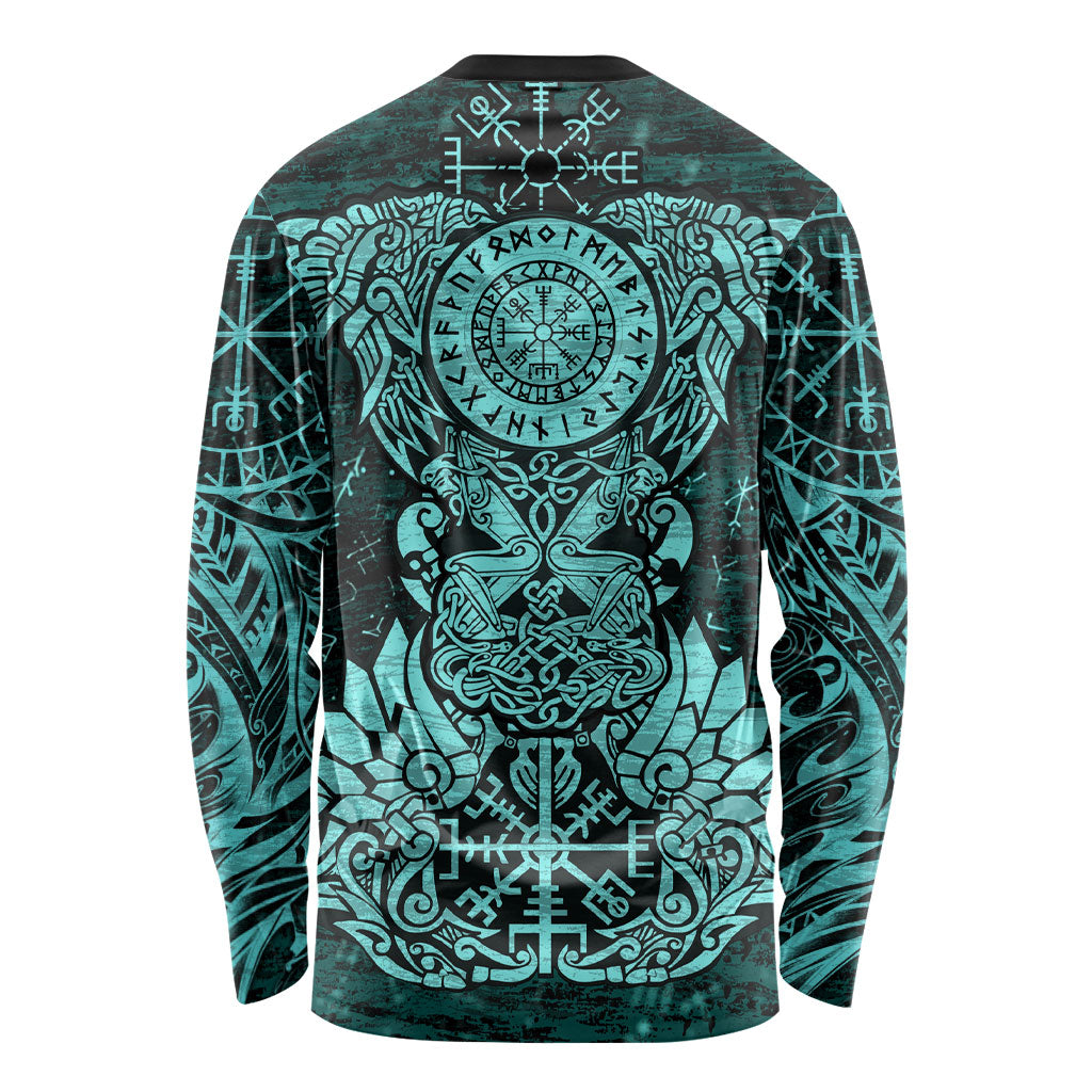 Valknut Ravens and Vegvisir Helm of Awe Long Sleeve Shirt Viking Nordic Celtic Knotwork Turquoise Runic Art