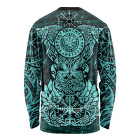 Valknut Ravens and Vegvisir Helm of Awe Long Sleeve Shirt Viking Nordic Celtic Knotwork Turquoise Runic Art