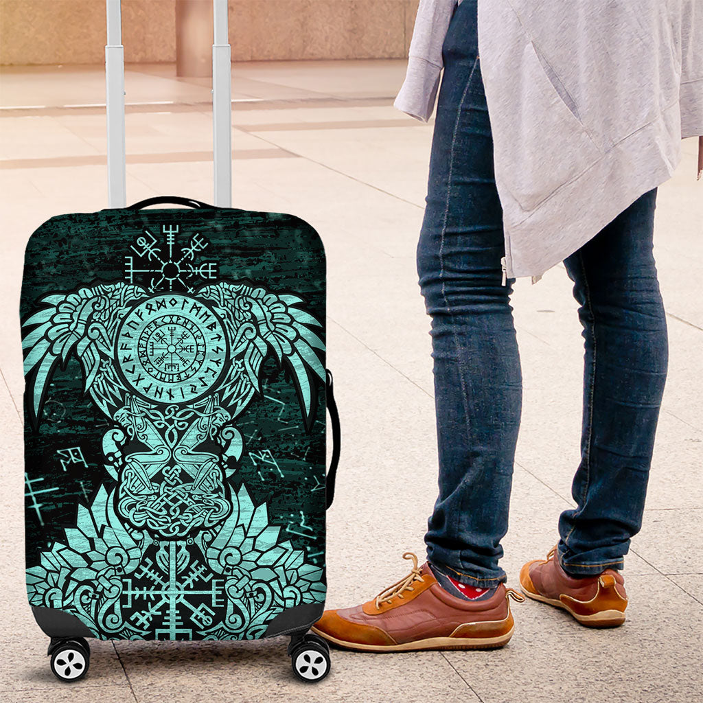 Valknut Ravens and Vegvisir Helm of Awe Luggage Cover Viking Nordic Celtic Knotwork Turquoise Runic Art