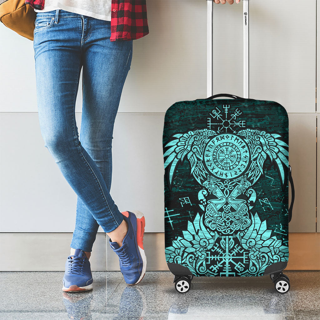 Valknut Ravens and Vegvisir Helm of Awe Luggage Cover Viking Nordic Celtic Knotwork Turquoise Runic Art