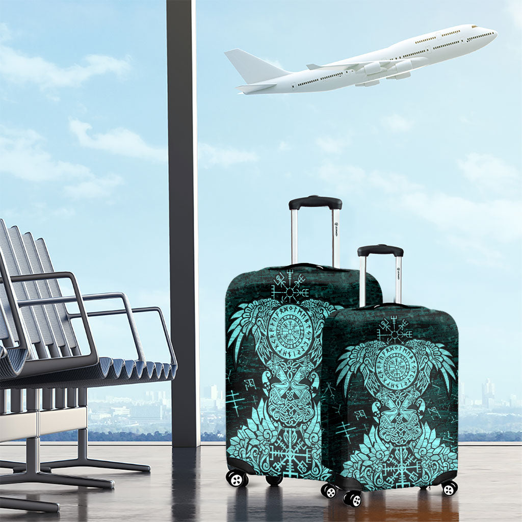 Valknut Ravens and Vegvisir Helm of Awe Luggage Cover Viking Nordic Celtic Knotwork Turquoise Runic Art