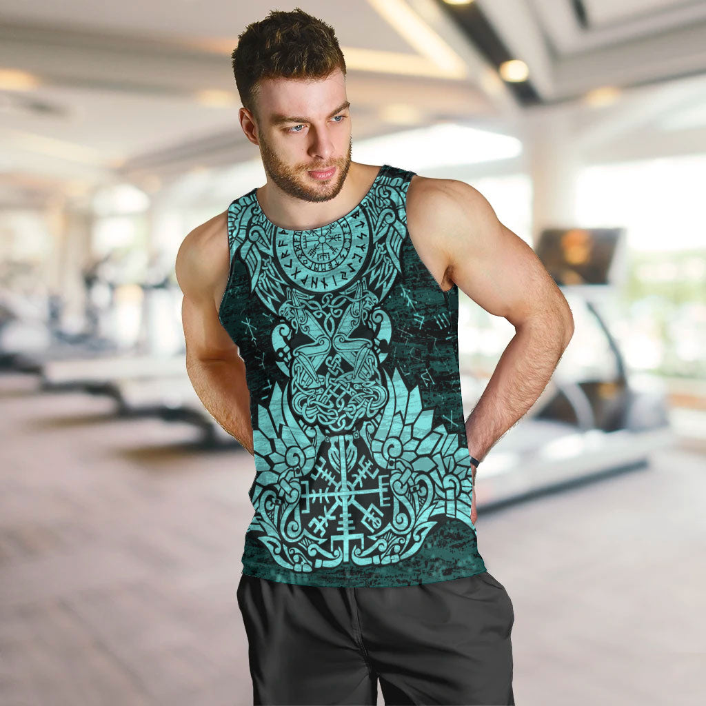 Valknut Ravens and Vegvisir Helm of Awe Men Tank Top Viking Nordic Celtic Knotwork Turquoise Runic Art
