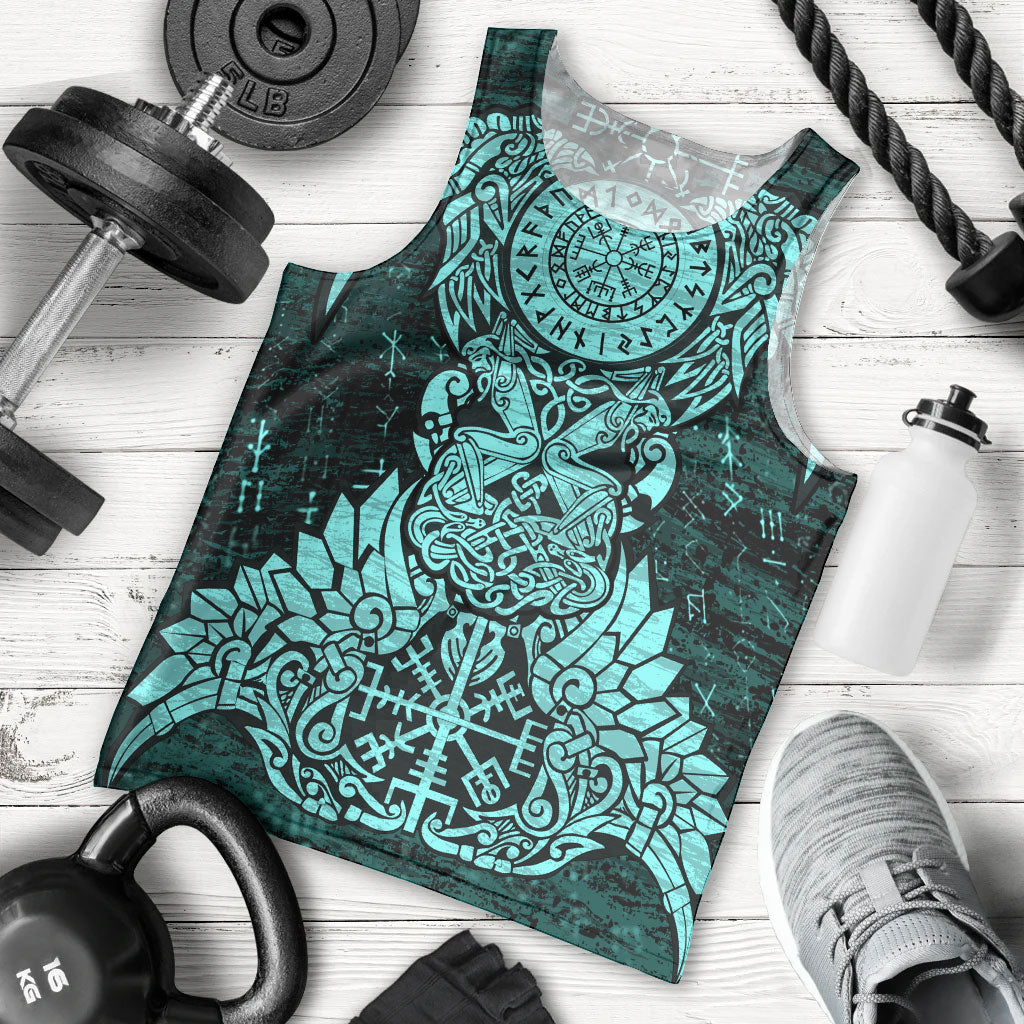 Valknut Ravens and Vegvisir Helm of Awe Men Tank Top Viking Nordic Celtic Knotwork Turquoise Runic Art