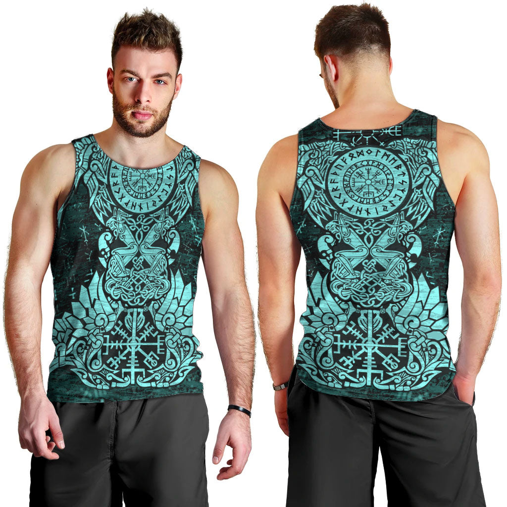 Valknut Ravens and Vegvisir Helm of Awe Men Tank Top Viking Nordic Celtic Knotwork Turquoise Runic Art