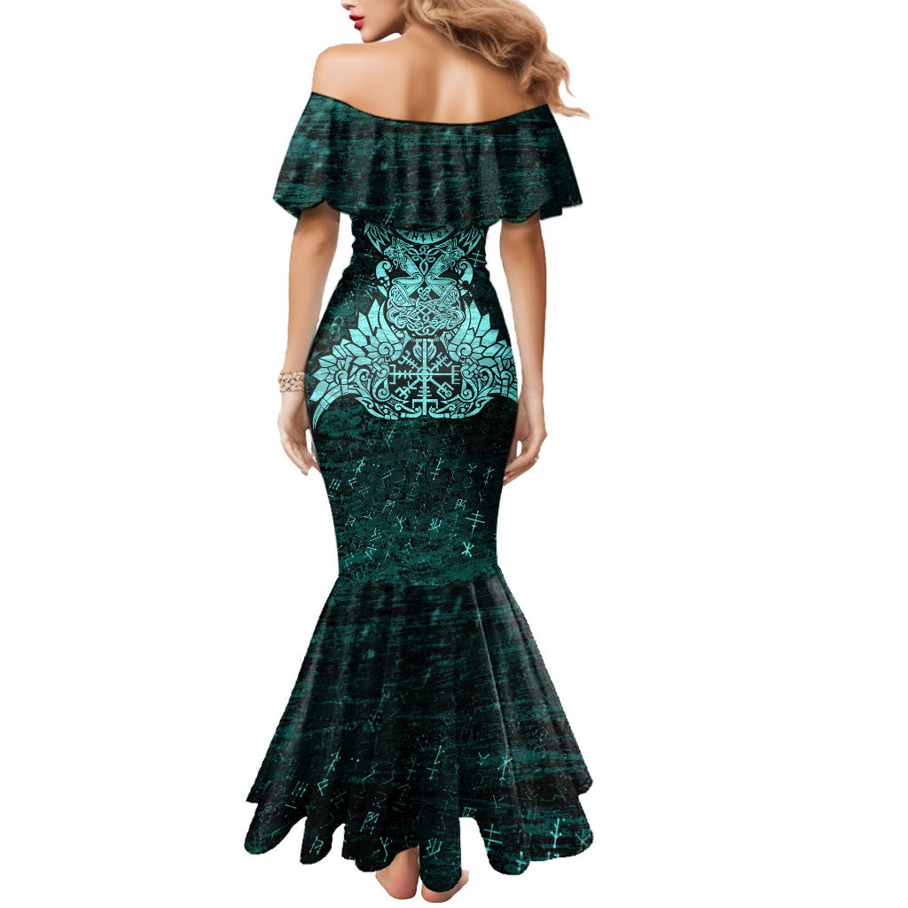 Valknut Ravens and Vegvisir Helm of Awe Mermaid Dress Viking Nordic Celtic Knotwork Turquoise Runic Art