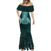 Valknut Ravens and Vegvisir Helm of Awe Mermaid Dress Viking Nordic Celtic Knotwork Turquoise Runic Art