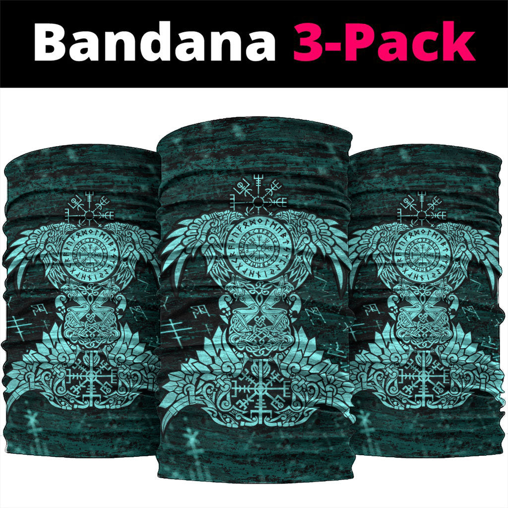 Valknut Ravens and Vegvisir Helm of Awe Neck Gaiter Viking Nordic Celtic Knotwork Turquoise Runic Art