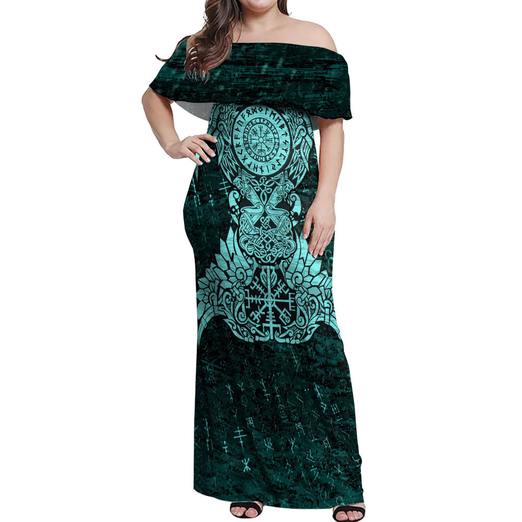 Valknut Ravens and Vegvisir Helm of Awe Off Shoulder Maxi Dress Viking Nordic Celtic Knotwork Turquoise Runic Art