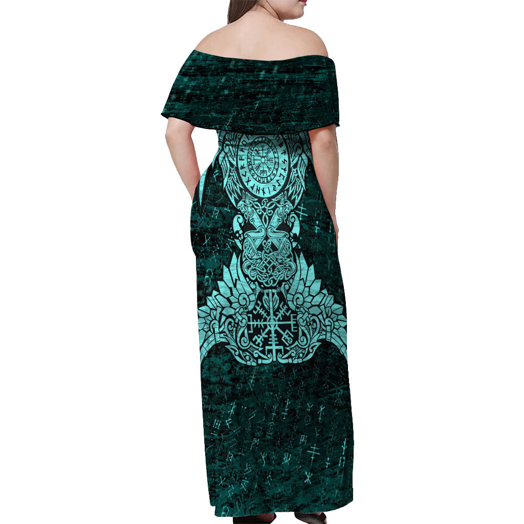 Valknut Ravens and Vegvisir Helm of Awe Off Shoulder Maxi Dress Viking Nordic Celtic Knotwork Turquoise Runic Art