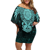 Valknut Ravens and Vegvisir Helm of Awe Off Shoulder Short Dress Viking Nordic Celtic Knotwork Turquoise Runic Art