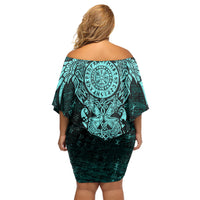 Valknut Ravens and Vegvisir Helm of Awe Off Shoulder Short Dress Viking Nordic Celtic Knotwork Turquoise Runic Art