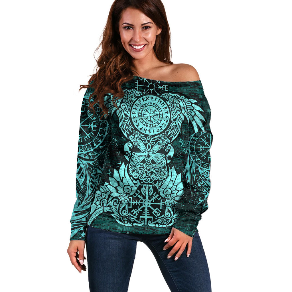 Valknut Ravens and Vegvisir Helm of Awe Off Shoulder Sweater Viking Nordic Celtic Knotwork Turquoise Runic Art
