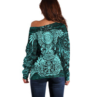 Valknut Ravens and Vegvisir Helm of Awe Off Shoulder Sweater Viking Nordic Celtic Knotwork Turquoise Runic Art