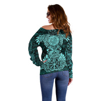 Valknut Ravens and Vegvisir Helm of Awe Off Shoulder Sweater Viking Nordic Celtic Knotwork Turquoise Runic Art