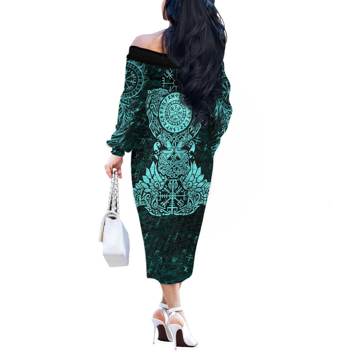 Valknut Ravens and Vegvisir Helm of Awe Off The Shoulder Long Sleeve Dress Viking Nordic Celtic Knotwork Turquoise Runic Art