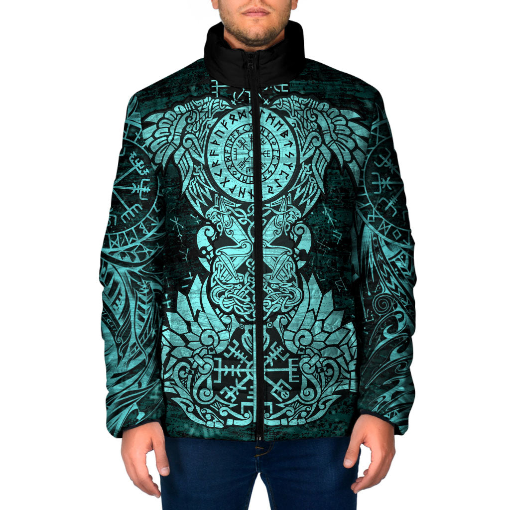 Valknut Ravens and Vegvisir Helm of Awe Padded Jacket Viking Nordic Celtic Knotwork Turquoise Runic Art