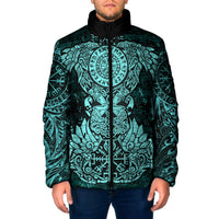 Valknut Ravens and Vegvisir Helm of Awe Padded Jacket Viking Nordic Celtic Knotwork Turquoise Runic Art