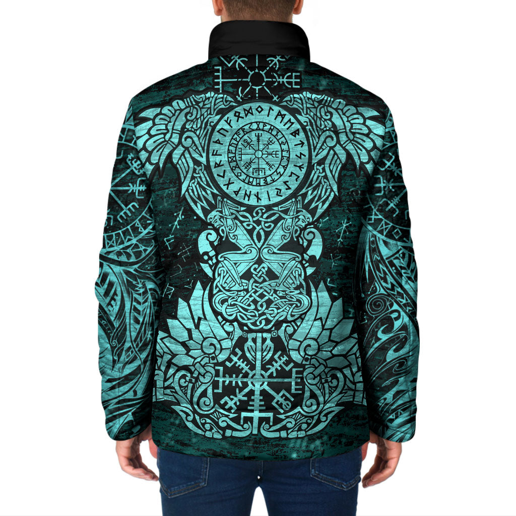 Valknut Ravens and Vegvisir Helm of Awe Padded Jacket Viking Nordic Celtic Knotwork Turquoise Runic Art