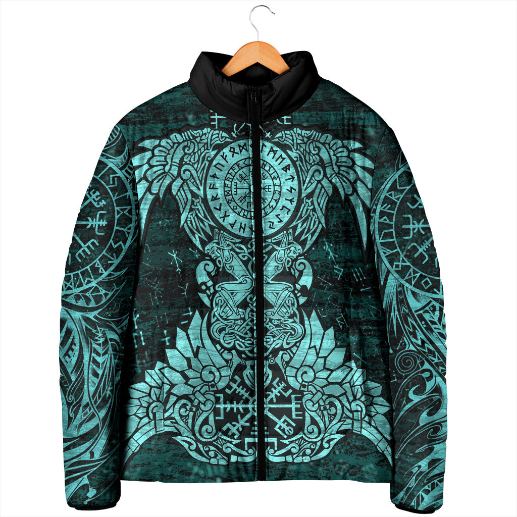 Valknut Ravens and Vegvisir Helm of Awe Padded Jacket Viking Nordic Celtic Knotwork Turquoise Runic Art
