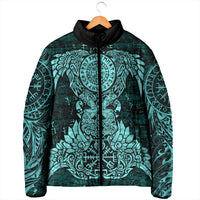 Valknut Ravens and Vegvisir Helm of Awe Padded Jacket Viking Nordic Celtic Knotwork Turquoise Runic Art