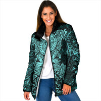 Valknut Ravens and Vegvisir Helm of Awe Padded Jacket Viking Nordic Celtic Knotwork Turquoise Runic Art