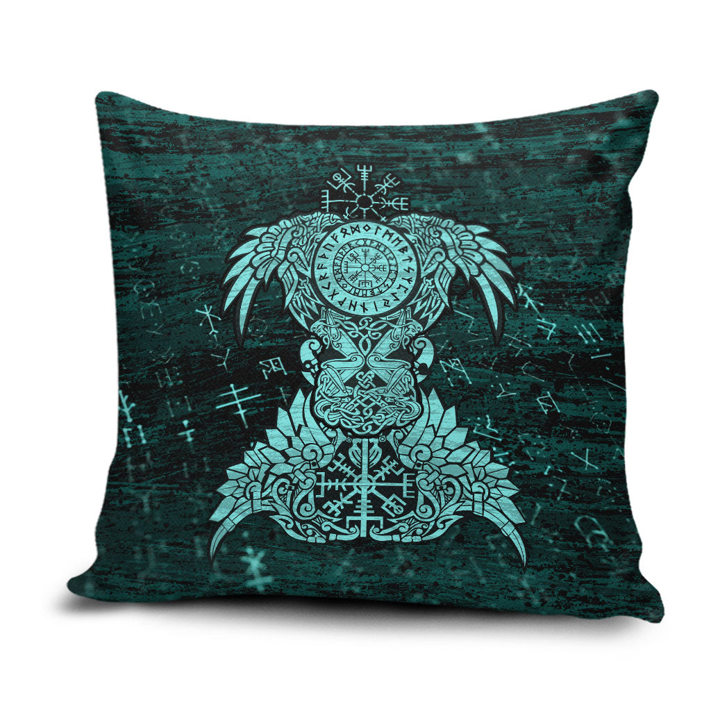Valknut Ravens and Vegvisir Helm of Awe Pillow Cover Viking Nordic Celtic Knotwork Turquoise Runic Art